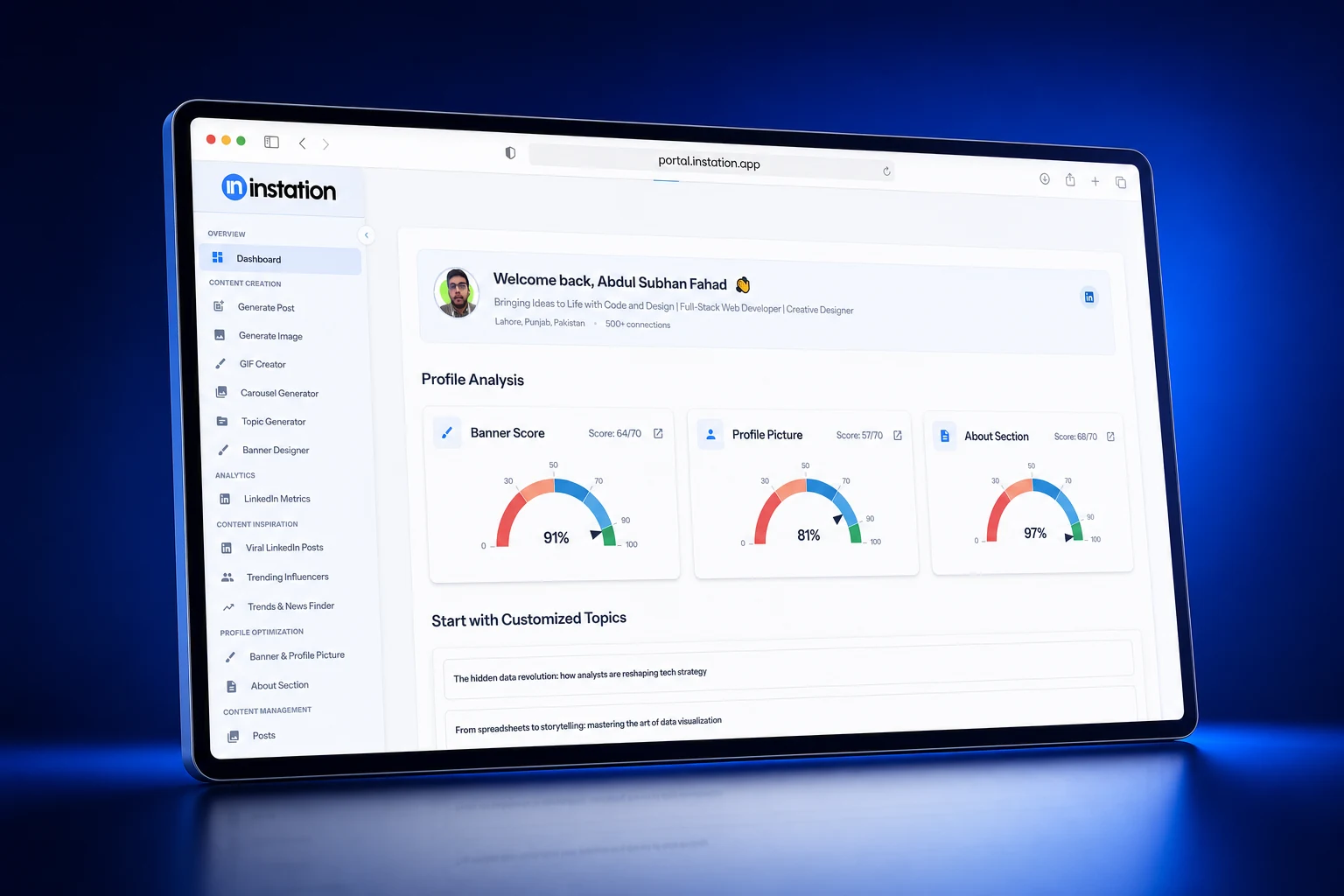 Instation LinkedIn growth platform dashboard